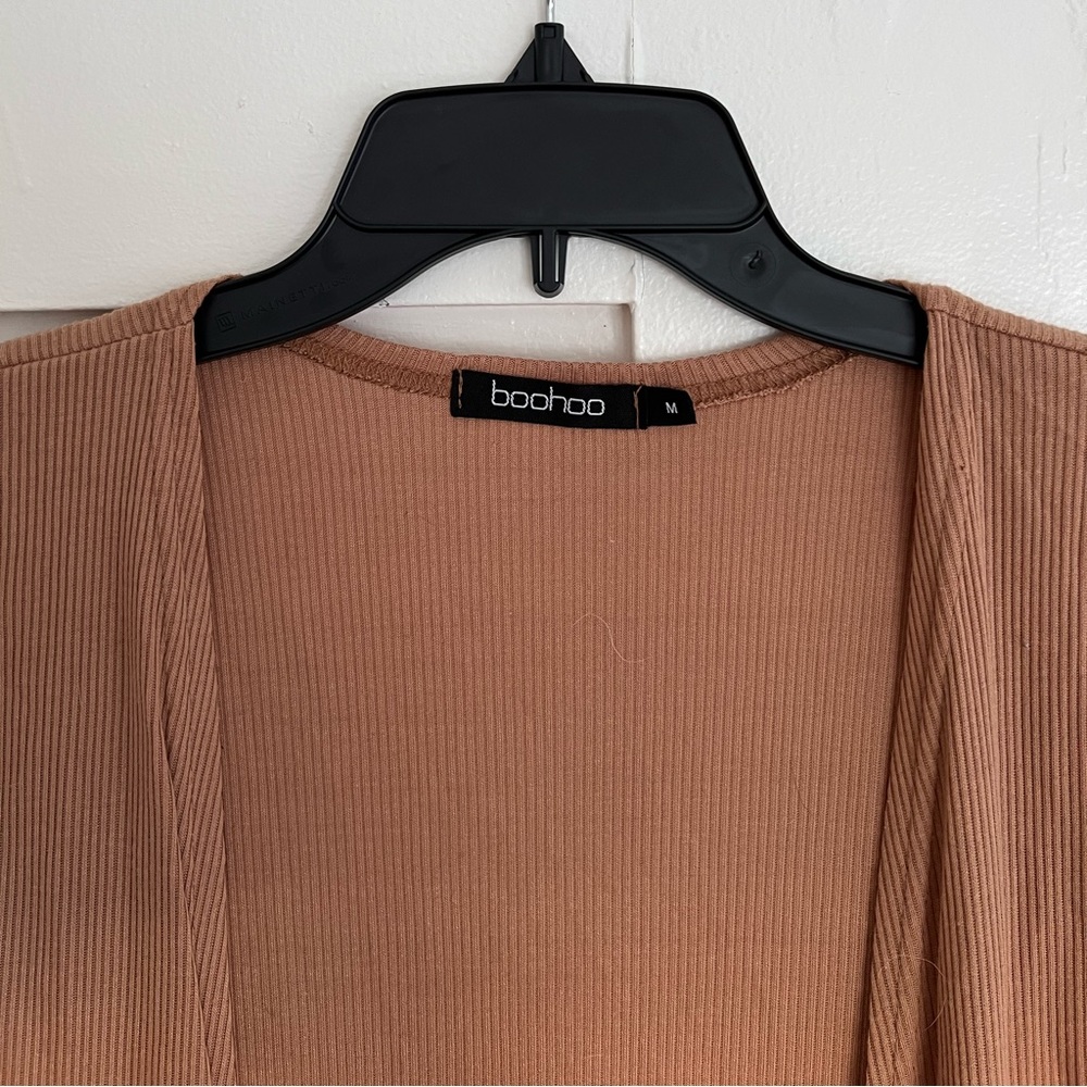 Boohoo Open-Front Ribbed Duster Cardigan, Camel Color, Size M - Picture 2 of 5